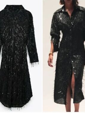 Zara Black Sequin Fringe Midi Dress